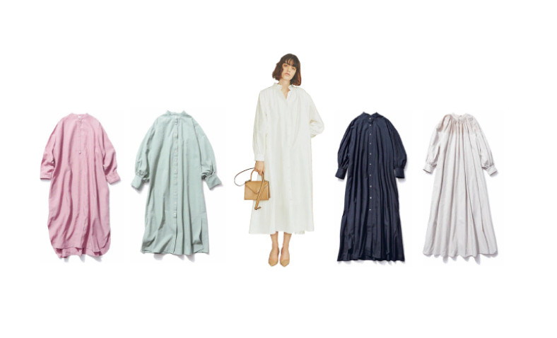 【バンドカラー＆ゆる長丈のシャツ】  きちんと感がありながら、ひかえめなえりとゆるいフォルムでほどよく脱力。そのうえワンピでも辛口に装えるから、足元もパンプスでもエレガントすぎずスニーカーでもラフに転ばない、理想のバランスを実現。