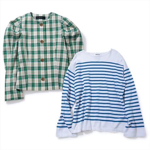 デニムにとけ込む「ブルーかグリーン」 〈右〉ニット 27,500円／ENFOLD　余白が多いぶん、柄の主張が強くなりすぎない。〈左〉チェックジャケット（4月発売予定）35,200円／アルアバイル　かわいげがありながら、立体的なそでの形がモード感を演出するため大人も着やすい。（出口さん）