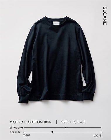 【ムダのないロンT】：完璧主義の長そでTシャツ「売れてる6ブランド別」ヒットチャートの記事より抜粋。　●そでまくりもしやすいカフス仕立てのリブそで。11,550円／SLOANE　１枚で着ても、レイヤードしてもさまになるように設計されたそでのデザインなど、シンプルながら細部にこだわりが光る逸品。着方や体型に合わせて選べる5サイズ展開も魅力。
