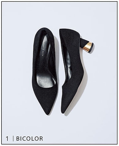 黒パンプス（5.5） 6,900円／CHARLES & KEITH（CHARLES ＆ KEITH JAPAN）　どんなボトムにもなじみのいい黒スエードはオールシーズンで活躍。ゴールドとのバイカラーヒールも奇抜に見えずシンプルな装いのアクセントにも効果的。安定した太めのヒール・甲浅の細長いフォルムでスタイルアップと履き心地も同時に獲得。