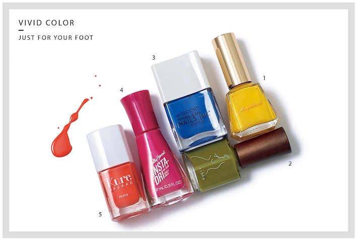 1.コンスピキュアス ネイルカラー 12mL 34 3,850円／Amplitude　フレッシュなレモンをイメージしたイエロー。パール入りだからベタッとせず、つややかな発色に。2.ネイルポリッシュ 9mL ミントティー 2,970円／rihka　さわやかな香りが漂うミントの葉から着想。肌の透明感が増す、黄みがかった明るい緑。