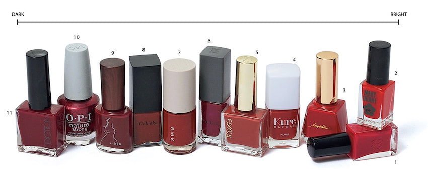 1.エレガンス ラズル エナメルラッカー（4月18日発売） 6mL 18 1,320円／エレガンス コスメティックス　肌を白く見せる青みがかった赤。2.ネイル ポリッシュ 5mL 001 1,430円／マリークヮント　ゼリーのような透明感のあるレッド。3.コンスピキュアス ネイルカラー 12mL 29 3,850円／Amplitude　シンプルなノンパールが特徴のクラシカルなカラー。4.キュアバザー ネイル 10mL マサイ 2,530円／フォルテ　マサイ人の伝統色から着想した生命力がみなぎるレッド。