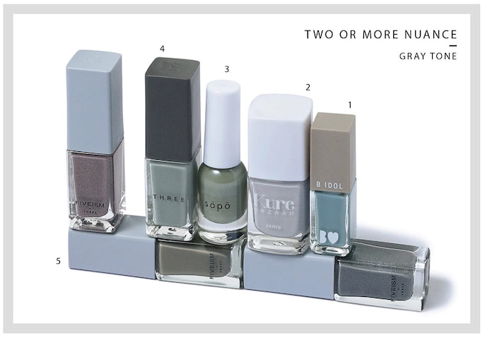 4.ネイルポリッシュ 7mL 112 1,980円／THREE　透明度の高いつややかな発色の中に、かすかにブルーを感じさせるグレー。5.ネイルアーマー 7mL 各2,420円／FIVEISM×THREE　性差や年齢を超え、リミットレスなスタイルを提案するジェンダーレスブランドのネイルポリッシュ。〈左上〉07　コンクリートのような色みにゴールドと黒のパールを配合し、品のよい見た目を確立。〈左下〉19　カジュアルな雰囲気をかもす、カーキに近いグレー。〈右〉12　メタリックに輝くシルバーラメでつやや