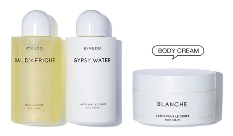 〈右から〉ボディクリーム BLANCHE 200mL 10,010円、ボディローション GYPSY WATER 225mL 8,360円、ボディウォッシュ BAL D’AFRIQUE 225mL 6,820円／以上BYREDO（エドストローム オフィス）　フレグランスで名高い「BYREDO」のボディケアアイテム。香水が苦手な人にとってちょうどいい香り方。