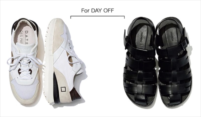〈右から〉黒レザーベルトサンダル 24,200円／TODAYFUL（Life’s 代官山店）　黒スニーカー 34,100円／D.A.T.E（デ・プレ）　ミニマルな彼女の休日の足元を想定。タフなサンダルやスニーカーもやっぱりモノトーンで。