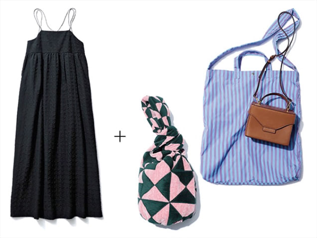 〈右から〉ブルーストライプトートバッグ（47&times;40&times;5.5） 7,260円、ブラウンスクエアショルダーバッグ（13&times;18&times;11） 15,400円／ともにアダム エ ロペ トライアングルパッチワークバッグ（25&times;10） 10,450円／HEY! Mrs ROSE（キャセリーニ）　黒キャミソールワンピース 22,000円／HeRIN.CYE（バロックジャパンリミテッド）