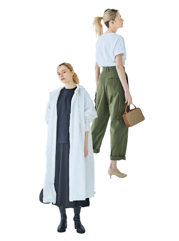 【WHITE】 タックINで強調されるなだらかなショルダーライン   【BLACK】 しなやかな黒Tがタフなモノトーンをやさしく誘導