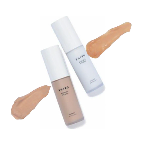 〈右から〉タマヌエッセンスプライマー30mL 1C00、1C01 各5,500円／SHIRO　うるおいを与え、使い続けるほどにツヤが引き立つ美容液発想のプライマー。光の反射で肌を明るく導く繊細なパールと透けるカラーで、しっかり隠すのではなく、素肌の延長で美しい肌に。