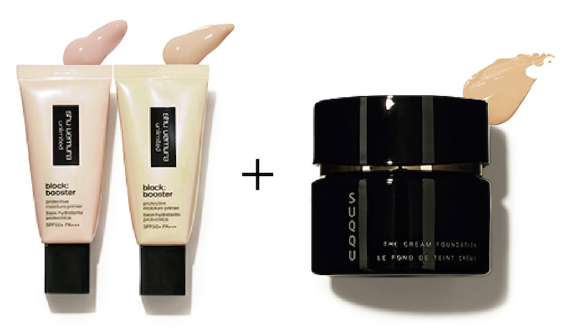 「ツヤonツヤでグロウな肌に」 〈右から〉ザ クリーム ファンデーション 115 30g 11,000円／SUQQU　アンリミテッド ブロック：ブースター アンズ ベージュ、サクラ ピンク 30mL SPF50+・PA+++ 各5,280円／シュウ ウエムラ　⚫︎「ツヤ肌に仕上げるのが今の気分。自然な光沢が出るシュウ ウエムラの下地に使います。ベージュのほうを先に塗り、その後トーンアップのためピンクをのせるダブルづかいがカギ。最後にスックを薄く重ねれば、ハイライトいらずの発光した肌に仕上がる」（スガさん）