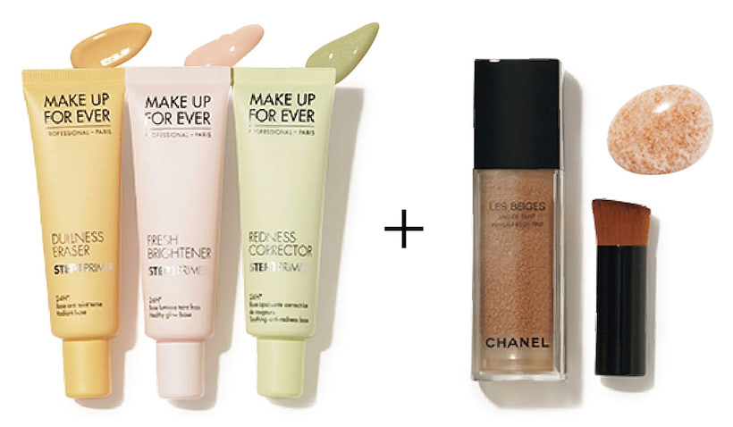 「塗っていない感を演出したいから」 〈右から〉レ ベージュ オー ドゥ タン（ブラシつき） 30mL 8,250円／シャネル　ステップ 1 プライマー 30mL レッドネスコレクター、フレッシュブライトナー、ダルネスイレイザー 各5,280円／メイクアップフォーエバー　⚫︎「このコントロールカラーは肌の色みをうまく調整してくれるのでファンデが少なくてすむ。さらに油分が少なめなので、油分の多いシャネルのファンデと好相性です。仕上げのパウダーも少なくてすみ、地肌のような質感がつくれるから好き」（塩澤さん）