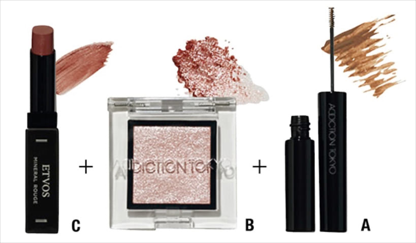 ＜COSMETIC＞A.アイブロウマスカラ マイクロ Cashew 3,080円、B.ザ アイシャドウ スパークル Tiny Ballerina 2,200円／ともにアディクション ビューティ　淡いピンクのラメならなじみがよく、眉にのせても違和感ナシ。 C.ミネラルルージュ ガトーベージュ（限定色） 3,300円／エトヴォス