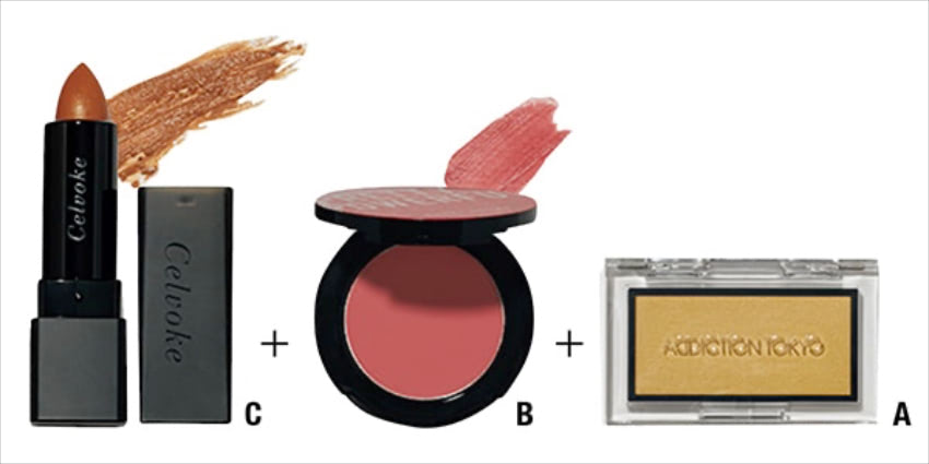 ＜COSMETIC＞A.ザ ブラッシュ マット Sahara Sun 3,300円／アディクション ビューティ　B.プリティ パワフル ポット ルージュ プリティパワフルＩ （4月8日限定発売） 4,730円／ボビイ ブラウン　C.ディグニファイド　リップス 34 3,520円／セルヴォーク