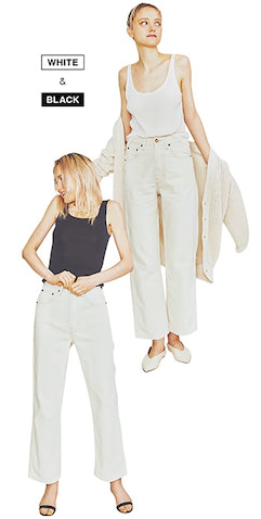 〈右〉オフ白デニムパンツ 23,100円／ビーサイド ジーンズ(ロンハーマン)　オフ白リブタンク 14,300円／SACRA(インターリブ)　アイボリーニットカーディガン 31,900円／SLOANE　エクリュパンプス 46,200円／BRENTA(LE PHIL NEWoMan 新宿店)　〈左〉デニムは右と同様。黒ニットタンクトップ 25,850円／SAYAKA DAVIS(ショールーム セッション)　黒サンダル 31,900円／PIPPICHIC(ベイジュ)