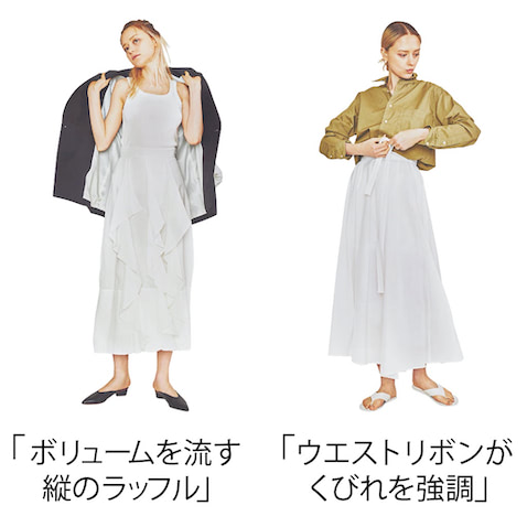 POINT4 【デザインにも手を出してみる】 締まった見た目づくりに有効。切り替えや装飾などのポイントがあれば、華やかに見えるだけでなく、シルエットの間のびまでも解消する利点あり。迫力がつくことで、シンプルな装いでもさまになって、いいことずくめ。（渡邉さん）
