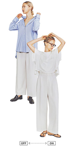 〈右〉エクリュワイドパンツ 15,950円／uncrave STANDARD(uncrave)　白Tシャツ 11,000円／venit(ハルミ ショールーム)　眼鏡 34,100円／EYEVAN(アイヴァン 東京ギャラリー)　グレーサンダル 6,930円／AKTE　 〈左〉白パンツは右と同様。ブルーシャツ 27,500円／ジェイシーエム(シップス インフォメーションセンター)　ローファー 16,390円／A de Vivre　COLUMN_3白パンツ 28,600円／OSLOW(フィルム)　白シースルート