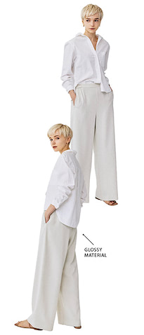 やわらかい+「透けない」白パンツ：■薄手ながらペラっとしていない、適度にハリを感じさせる生地。色も真っ白ではなく、ほんのりダスティで透けにくい仕上がり。