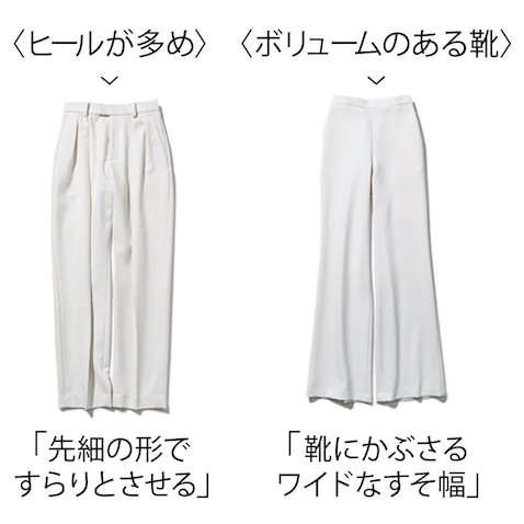 「とくに足元にボリュームがある場合、先細のテーパードだとぼてっと見えてしまう可能性が。どんな靴をはくかを先に想像しておくことで、おのずと似合う形も見えてきます。」（渡邉さん）