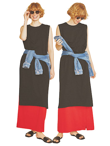 「プレーンな黒を分割するように 少量ずつの赤とデニムを活用」 スカート 13,200円／BLACK BY MOUSSY（バロックジャパンリミテッド）　ワンピース 85,800円／ten.（ブランドニュース）　腰に巻いたデニムジャケット 53,900円／マザー（サザビーリーグ）　サングラス 39,600円／プロポ（プロポデザイン）　サンダル 14,080円／ヌオヴォニカール（スローブ イエナ 自由が丘店）　あせたブルーに色気を宿すフェミニンな赤。強い色どうしが整うIライン。